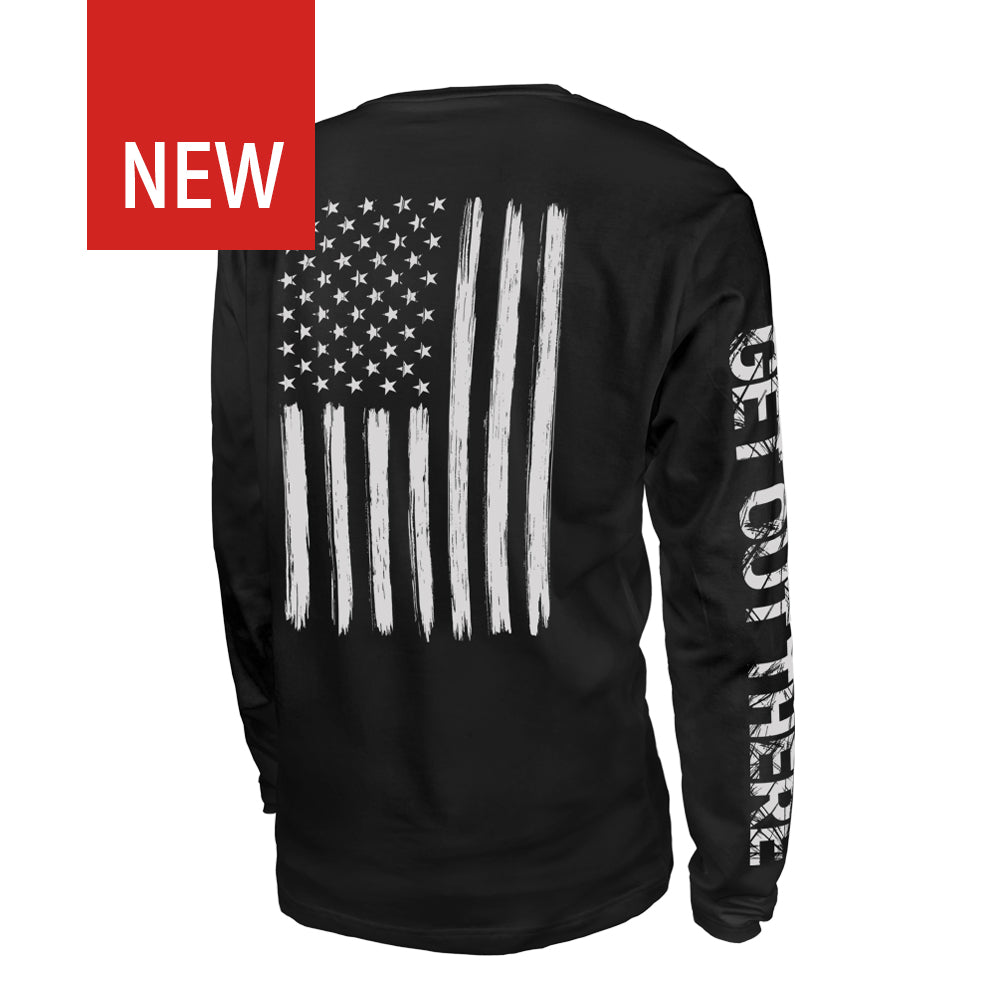 $18.99 Red and blue long sleeve with black flag UPF 40 performance